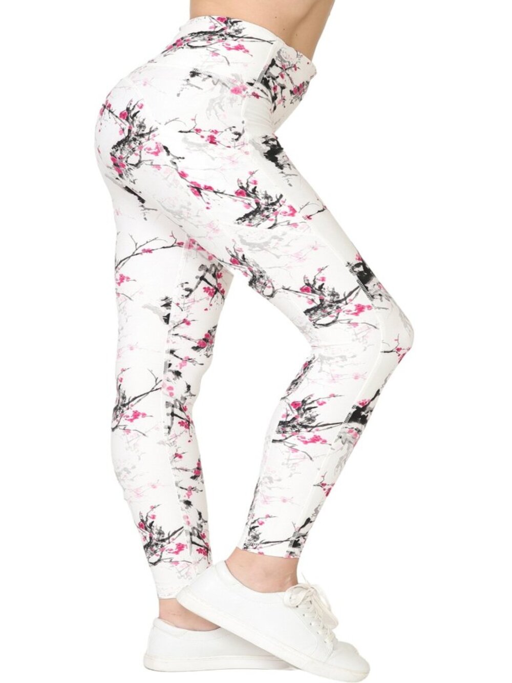Women Premium Active Full Length Leggings w/Pockets S-XL White Flower Print
